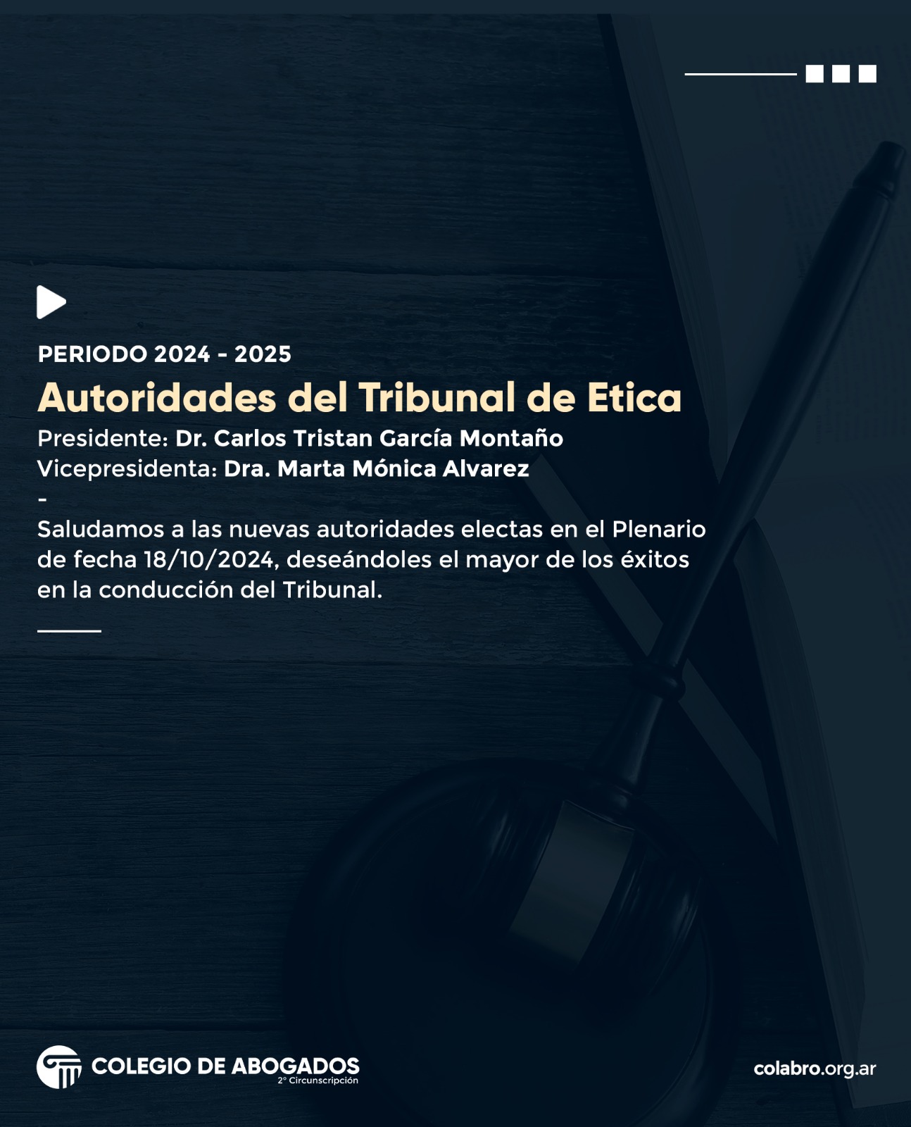 Saludamos a las nuevas autoridades electas en el Plenario de fecha 18/10/2024, deseándoles el mayor de los éxitos en la conducción del Tribunal. 